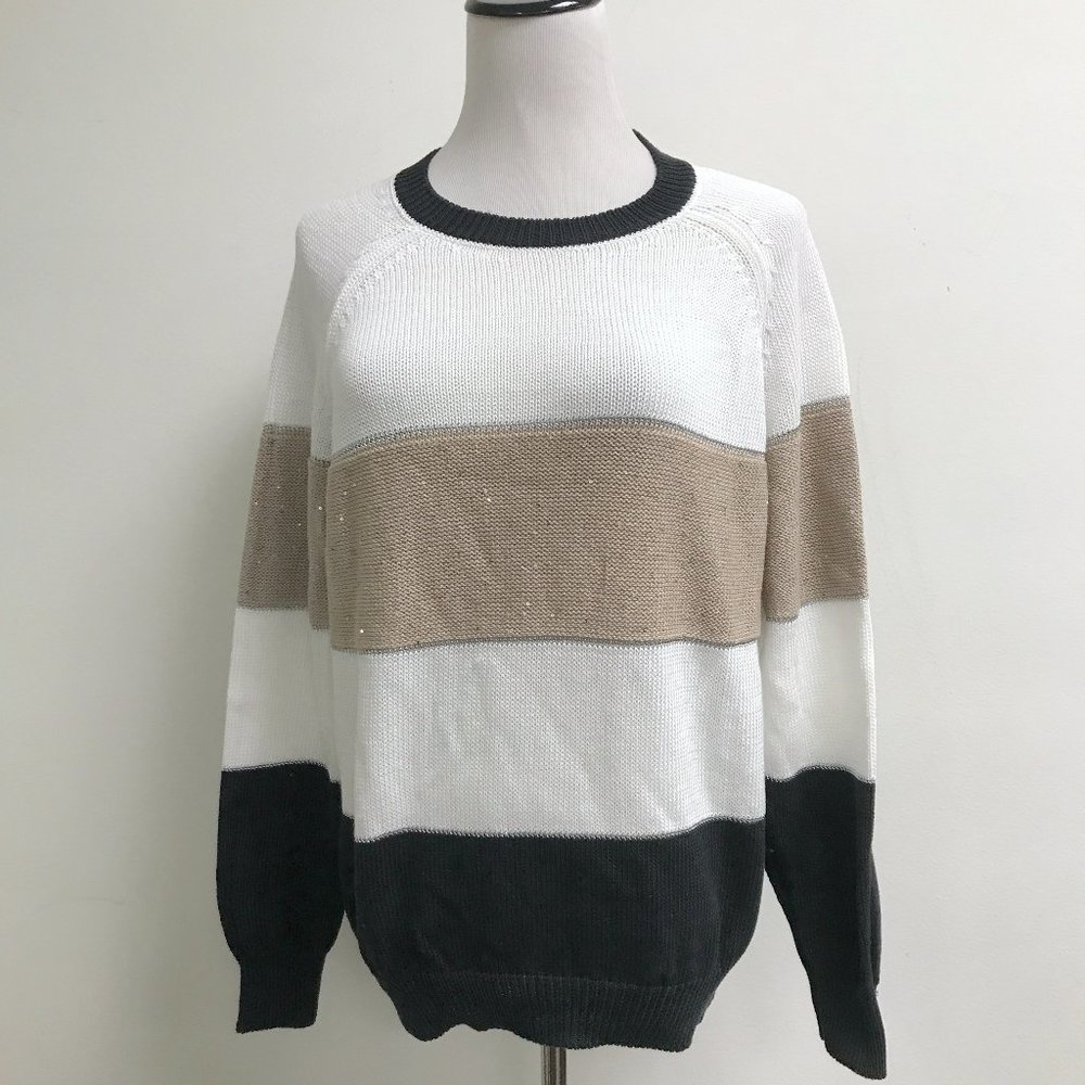 Perserico black white tan stripes sequin crewneck cotton sweater top Italy i48 L